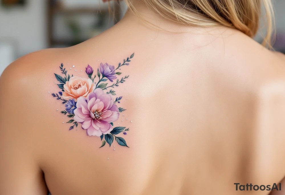 Eva 14. 08. 2019 – Lavender and soft peach blooms encircling Eva's birthdate, with silver glitter accents sprinkled throughout. tattoo idea