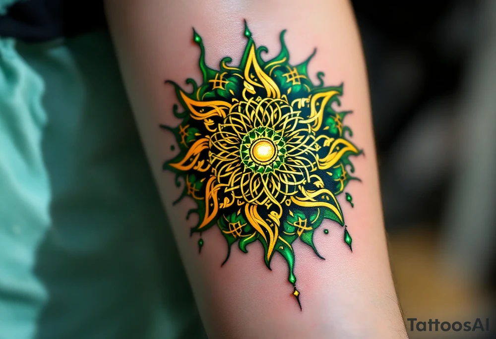 This golden Celtic sun, with emerald green knotwork, glows like an ancient druidic emblem on the forearm. tattoo idea