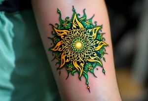 This golden Celtic sun, with emerald green knotwork, glows like an ancient druidic emblem on the forearm. tattoo idea
