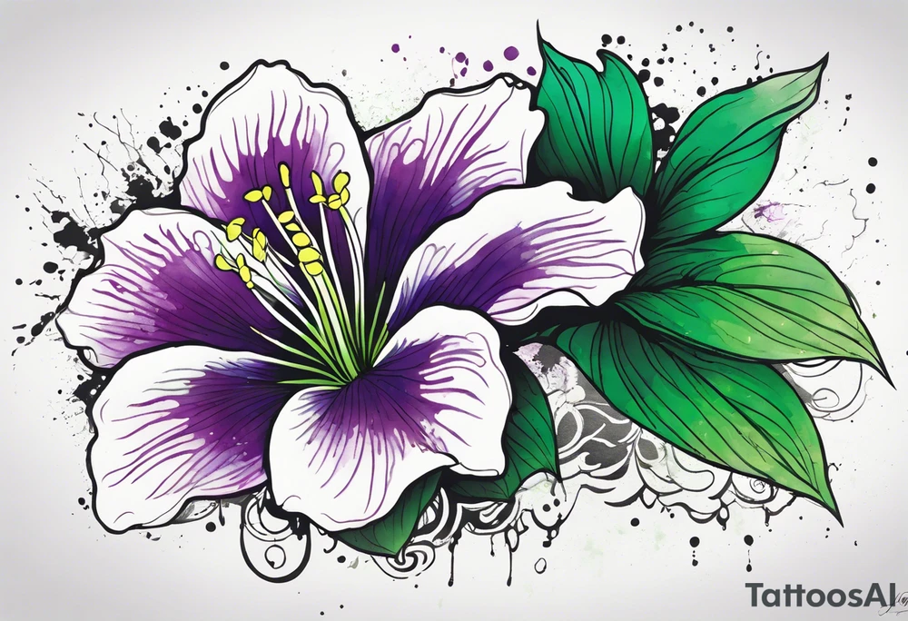 An outline of a green rio dipladenia flower and a green and purple watercolor splash in the background tattoo idea