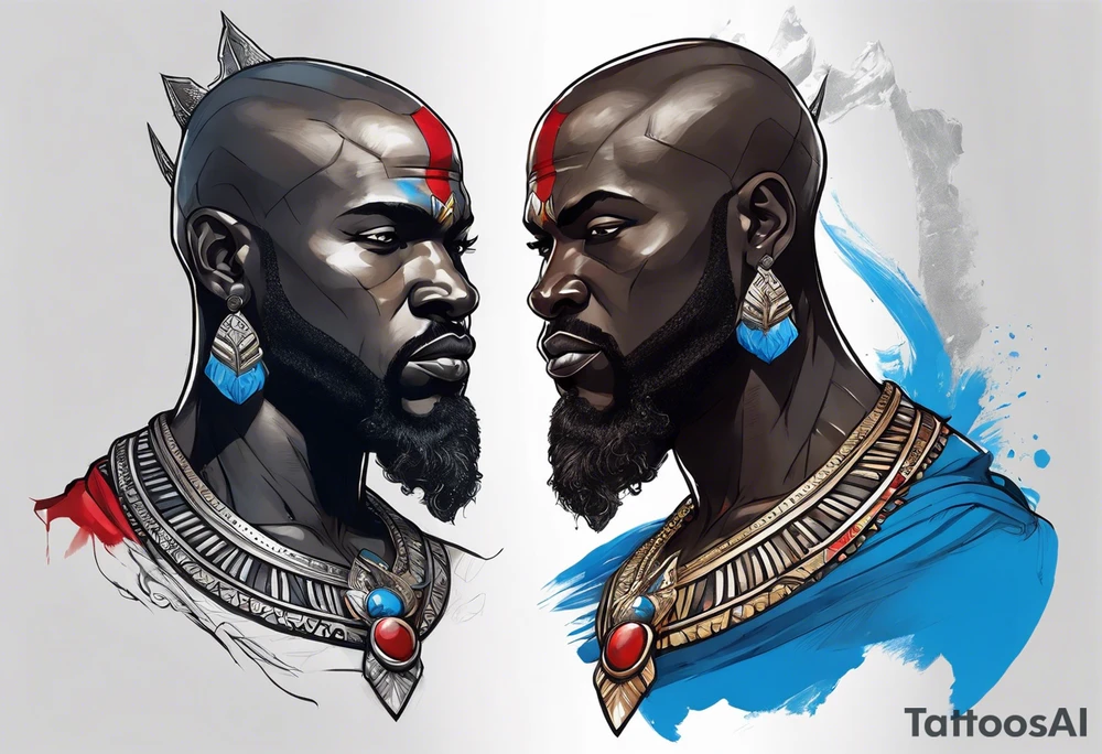 Black-skinned bald african god of war. He has a silver crown. He wears two simple necklaces: one blue, other red. Looking front tattoo idea