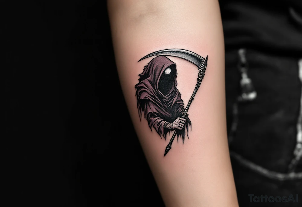 A shadowy Reaper cloaked in deep maroon, with a scythe blade reflecting a full moon in shimmering silver tones. tattoo idea