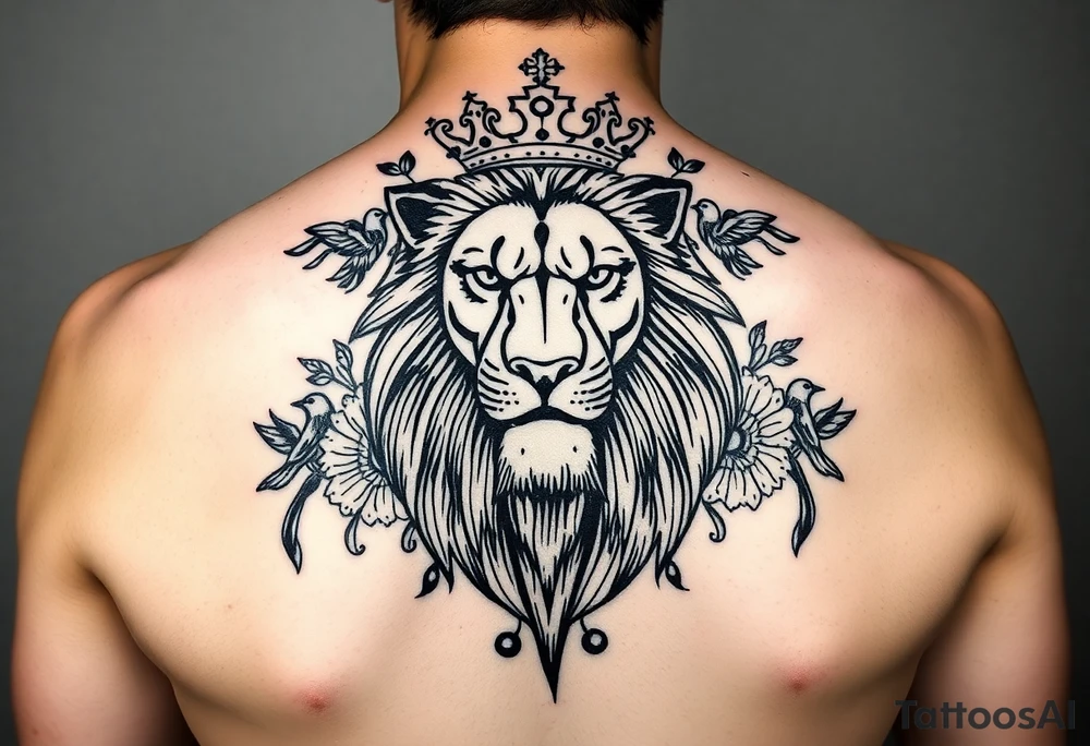 powerful majestic lion with a crown, surrounded by floral ornaments and birds tattoo idea