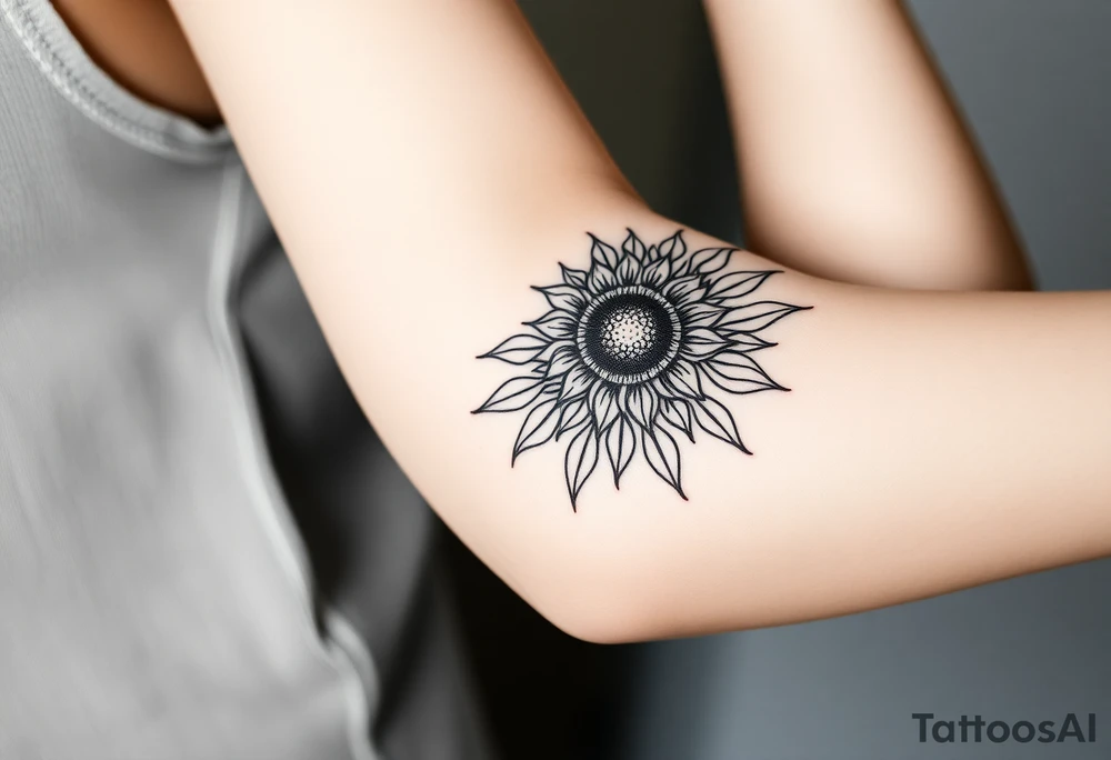Shining Mystical sun with long  leaning sunflower sun tattoo idea