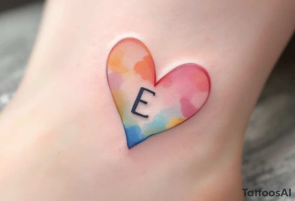 A soft pastel heart outline with a handwritten letter "E" in light grey ink, creating a delicate and airy aesthetic. tattoo idea