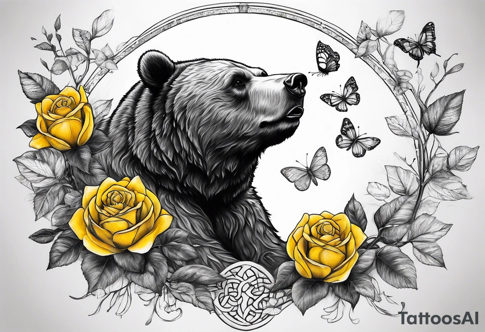 A bear sitting under the tree of life with three yellow roses, and three butterflies tattoo idea