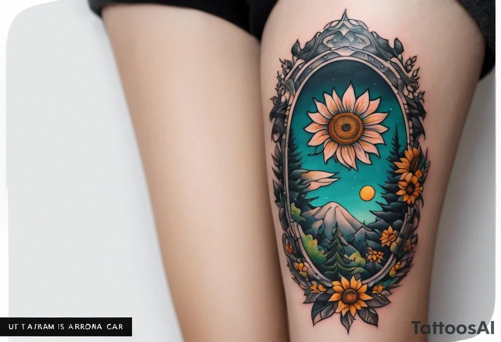 Small norma arm tattoo. Black kite (Daya's name), nature (trees/sea), small sunflower. Soft colours tattoo idea