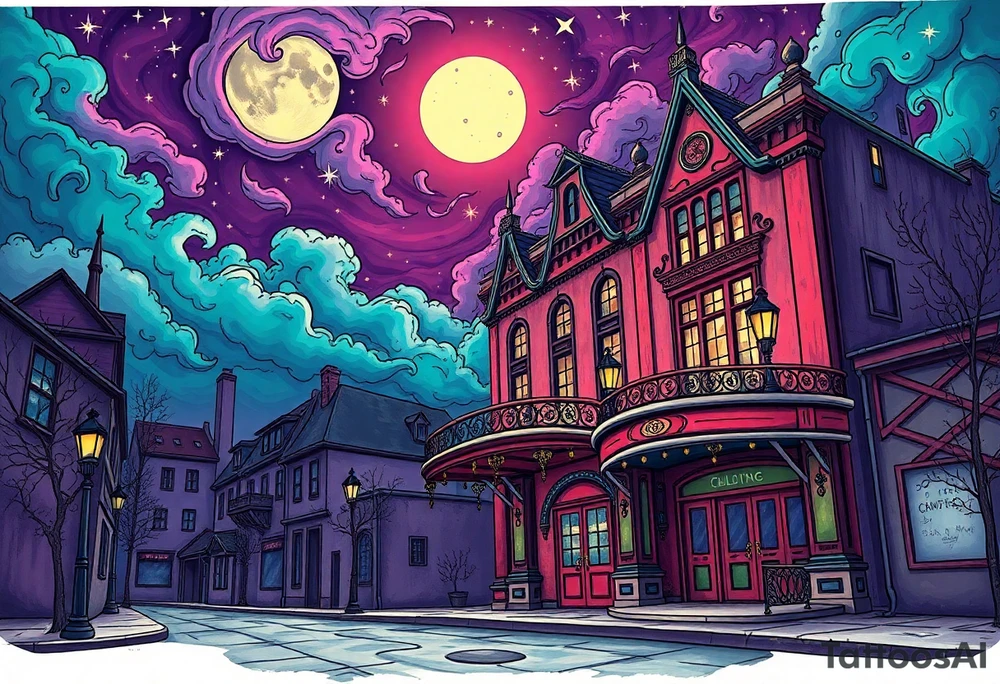 Tim Burton’s old victorian theatre from outside view is the street abandoned and dripping with muted reds, dusty pinks, and eerie green glow purple and cyan smokey clouds swirl and dance in the moonlit night sky filled with twinkling stars  tattoo idea tattoo idea