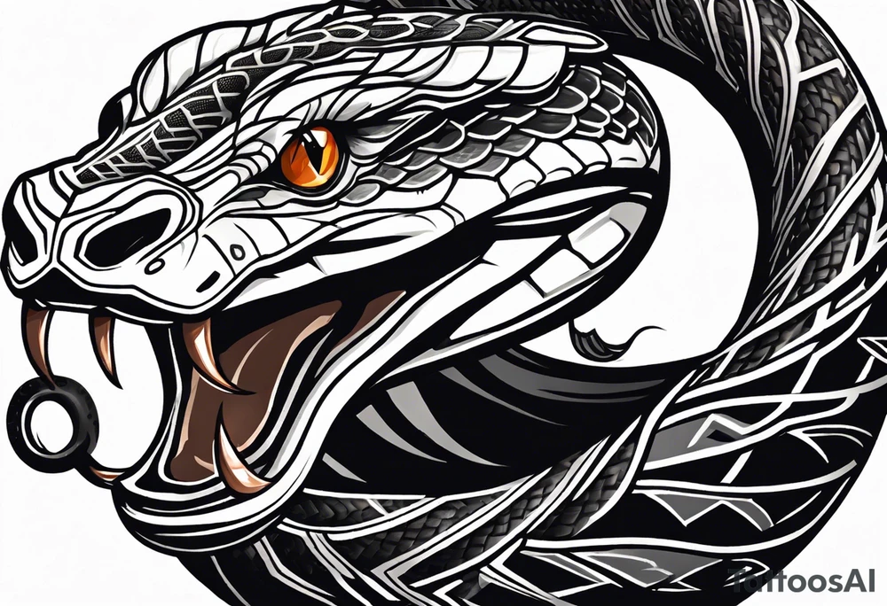 black and white drawing of a snake head with copper eyes an open mouth with mountain bike tire tread tattoo idea