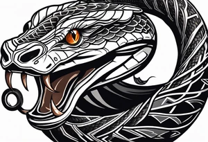 black and white drawing of a snake head with copper eyes an open mouth with mountain bike tire tread tattoo idea