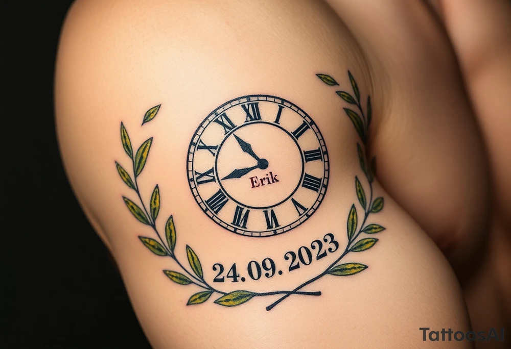 A Roman numeral clock surrounded by olive branches, with baby´s name "Erik" and birth date "24. 09. 2023 in muted green and gold tattoo idea