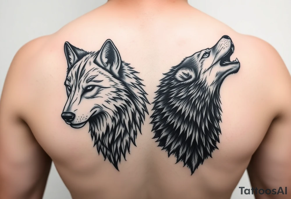 2 wolves- good and evil . Full body of wolf black wolf white wolf tattoo idea