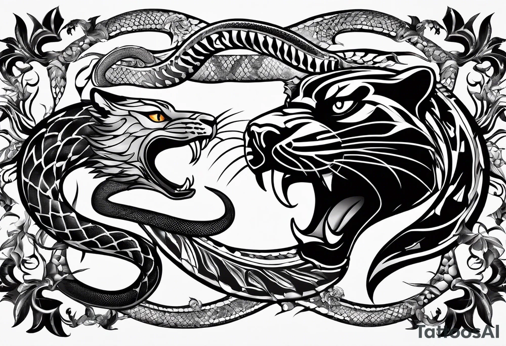 A snake and a panther To fight and wrap around the word "vitality" tattoo idea