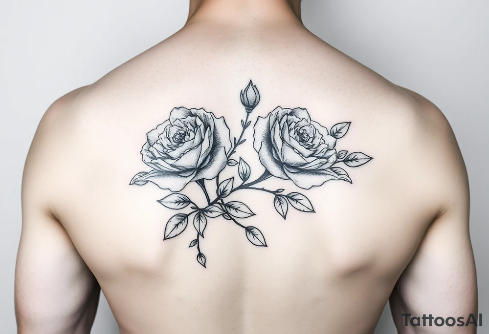 Traditional style black ink with 2 wild roses with forget me nots an olive branch and a lot of leaves tattoo idea