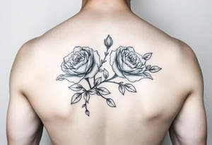 Traditional style black ink with 2 wild roses with forget me nots an olive branch and a lot of leaves tattoo idea