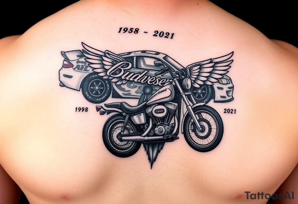 Dale Earnhardt car on it with the year 1958 - 2021 intertwined with a motorcycle with a Budweiser logo on it with a guardian angel wolf tattoo idea