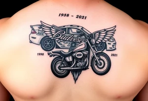 Dale Earnhardt car on it with the year 1958 - 2021 intertwined with a motorcycle with a Budweiser logo on it with a guardian angel wolf tattoo idea