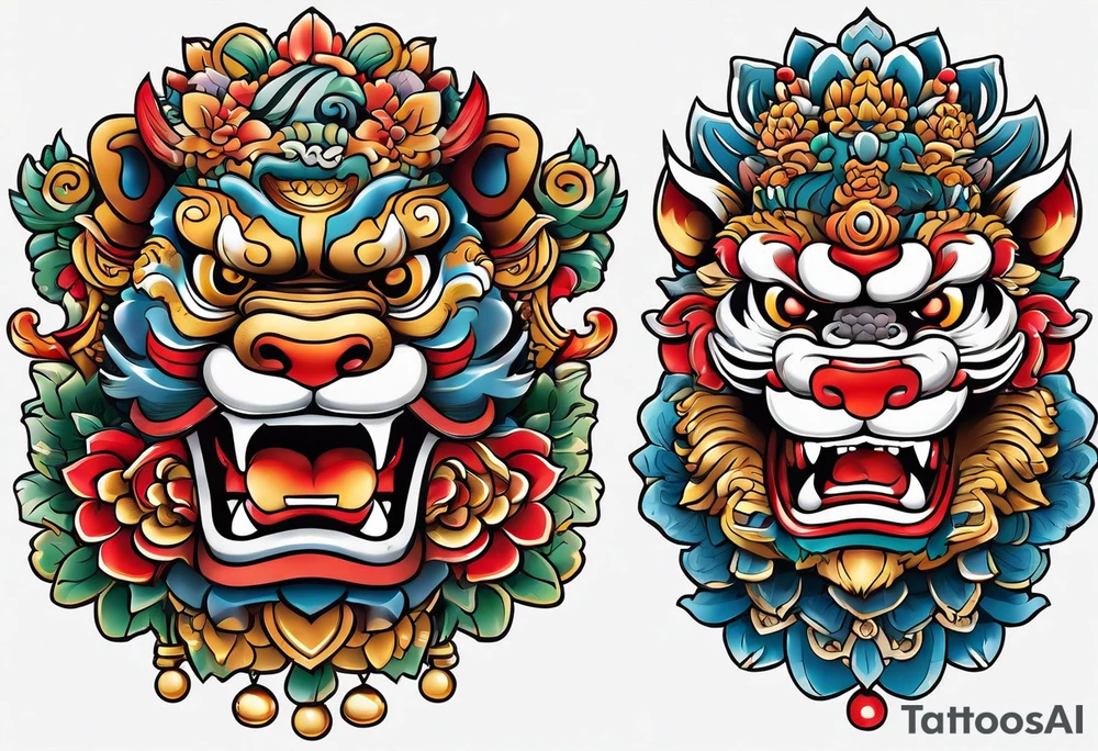 Traditional Okinawa shisa pair, One has their mouth closed, the other with their mouth open tattoo idea