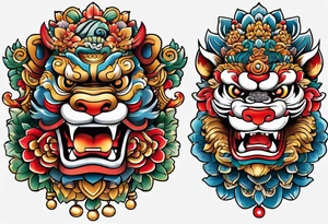 Traditional Okinawa shisa pair, One has their mouth closed, the other with their mouth open tattoo idea