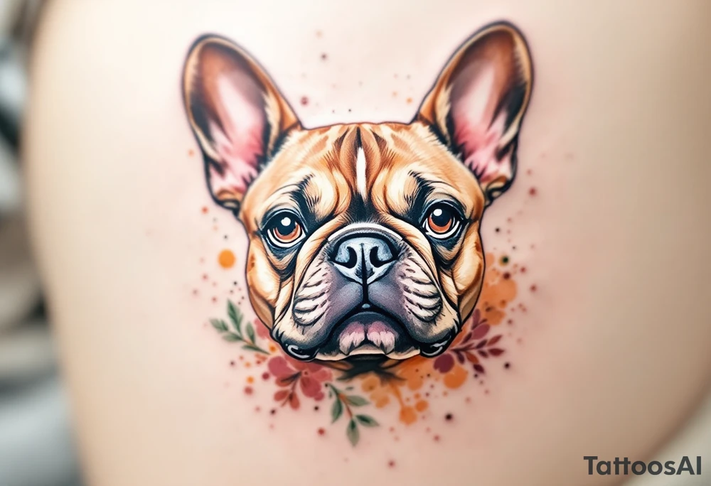 Portrait of a French Bulldog in watercolor style, using splashes of browns, oranges, and muted greens to frame the face. tattoo idea