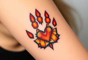 A lion paw imprint with golden highlights, the heart shape subtly emerging through warm tones of amber, burnt orange, and deep brown tattoo idea