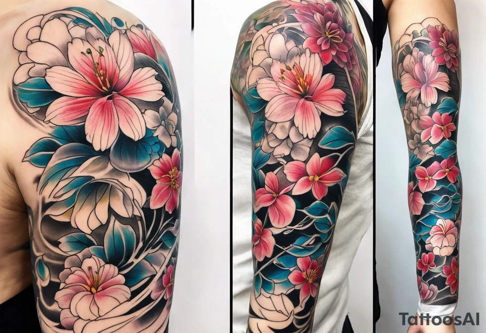 Realistic flower full sleeve tattoo idea