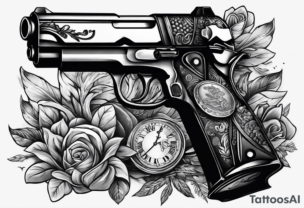 Criminal robbing bank with duffle bag and gun money flying everywhere tattoo idea