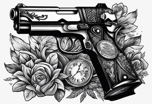Criminal robbing bank with duffle bag and gun money flying everywhere tattoo idea
