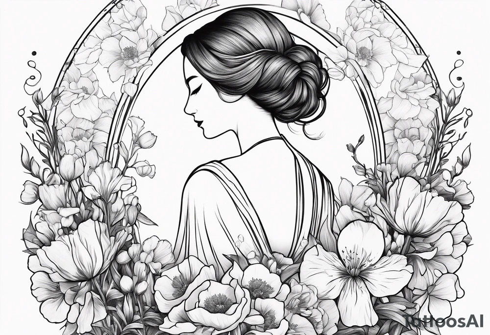 Female  no face from behind outline surrounded by carnations
snow drops, iris, poppies, cosmos, and narcissus tattoo idea