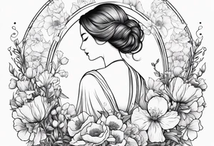 Female  no face from behind outline surrounded by carnations
snow drops, iris, poppies, cosmos, and narcissus tattoo idea