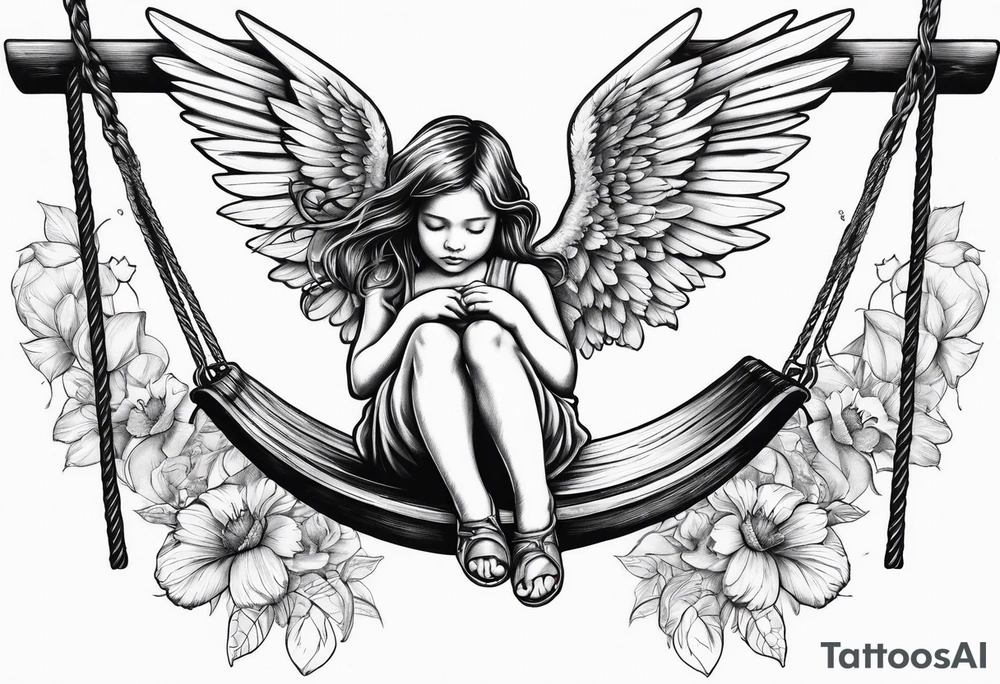 angel child on swing with sagging wings, head down. add hummingbird tattoo idea