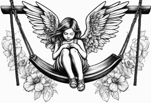angel child on swing with sagging wings, head down.  add hummingbird tattoo idea