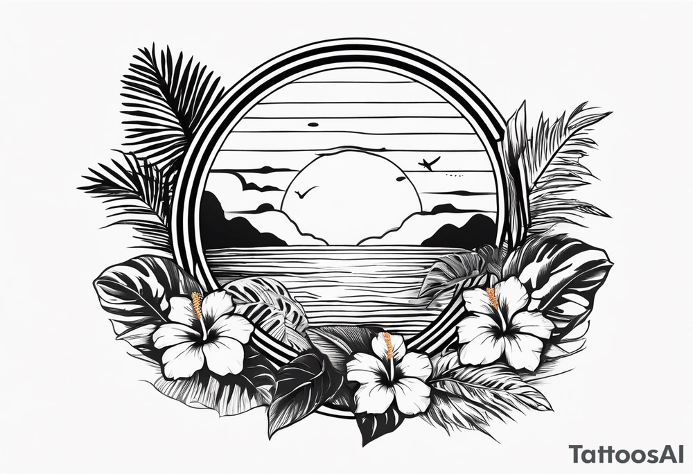 Tropical tatto with hibiscus and sunrise that says explore in delicate script tattoo idea