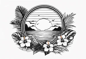 Tropical tatto with hibiscus and sunrise that says explore in delicate script tattoo idea