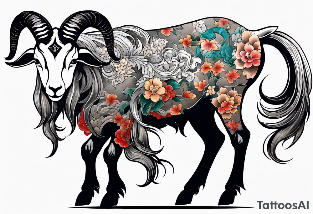 traditional chinese style goat with full body tattoo idea