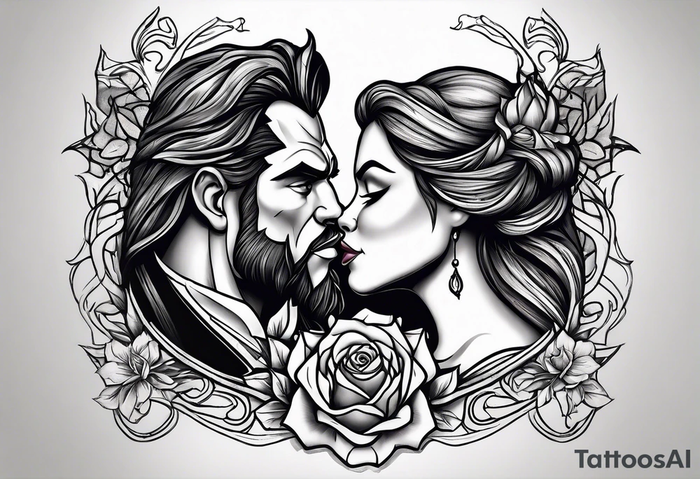 Passionate Beauty and the Beast kiss tattoo idea