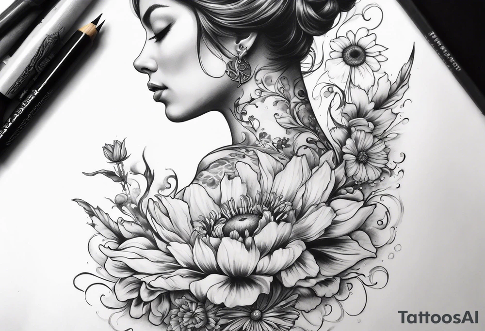 spiritual whole neck sleeve with a flying sparrow on side of neck with cosmos flower and a daisy flower and an iris flower, with staircase
 leading up to light and sunrays, ohm symbol on throat part of neck  about consciousness and transcendence. whole neck sleeve tattoo idea