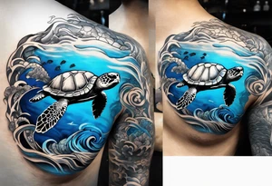 Full sleeve waves black with blue accents
3 turtles tattoo idea