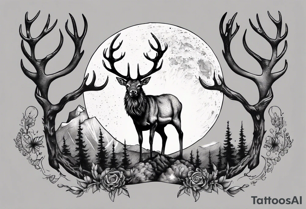 Magical stag with the view of the moon in between its antlers tattoo idea