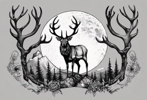 Magical stag with the view of the moon in between its antlers tattoo idea