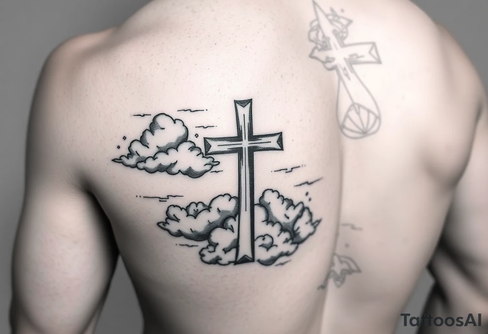 outer forearm sleeve with a cross clouds and make it catchy for teenagers tattoo idea