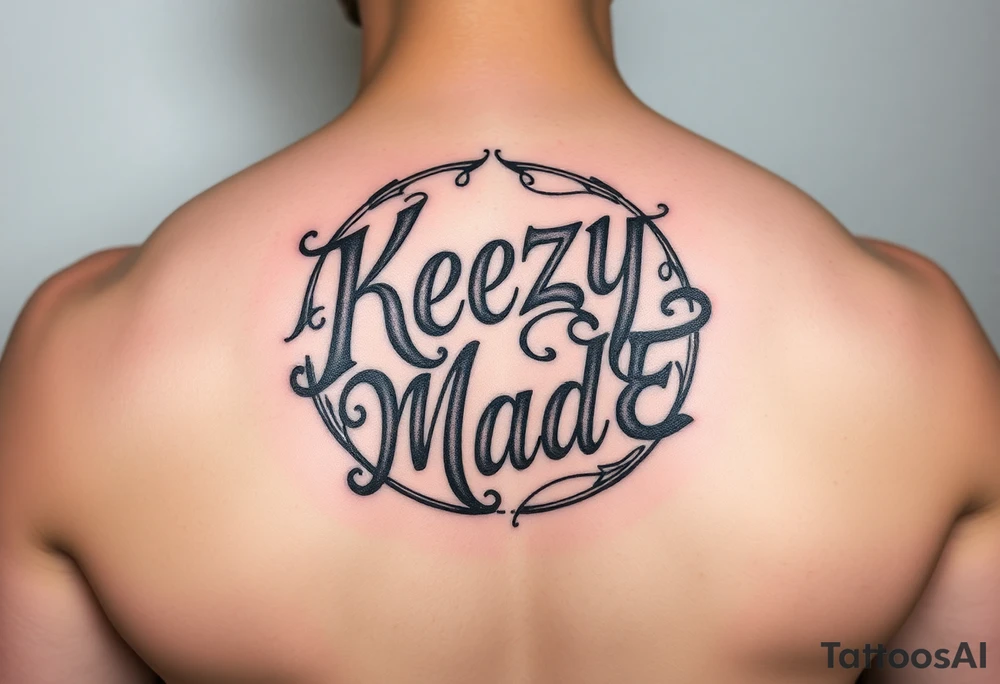 Nothing but lettersfancy but rugged twisted and intertwined circular arched curvy lettering in a circular  that would be clothing brand style that says (KeezY MadE) tattoo idea