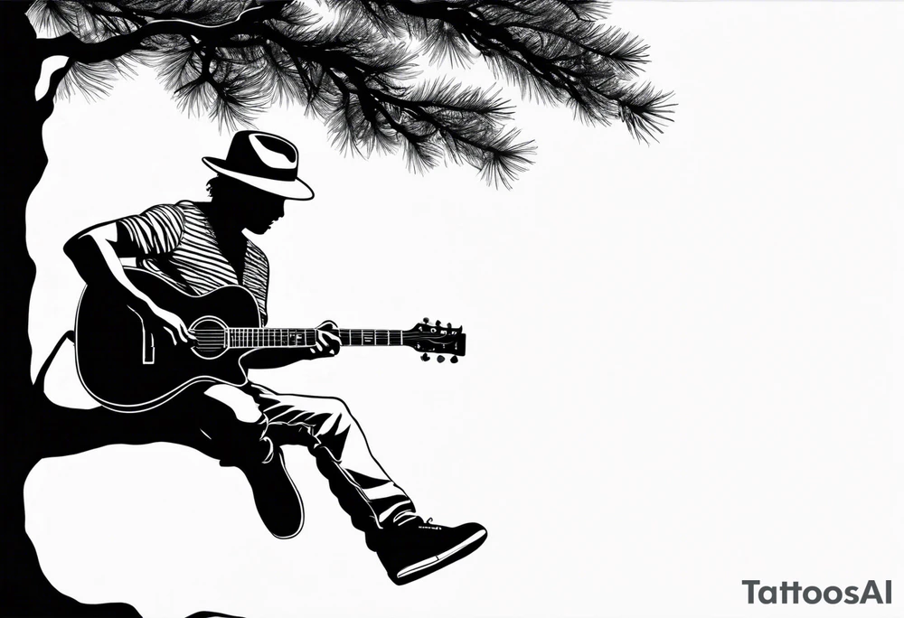 silhouette of a man sitting on a pine tree branch, playing electric guitar tattoo idea
