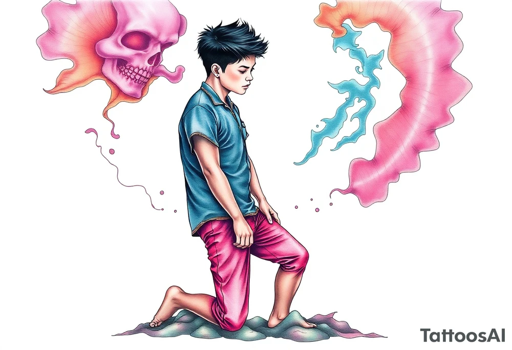 Handsome Asian young guy is standing on his knees and looking down tattoo idea