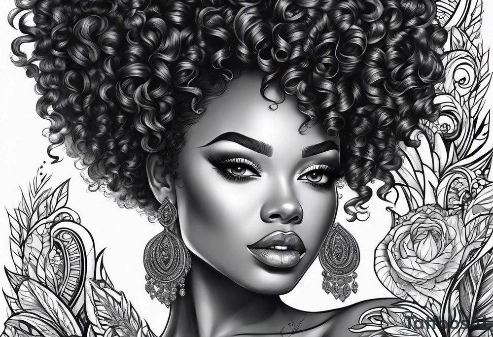 Black woman curly hair , long lashes tattoo idea