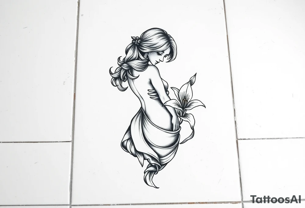 A simple tile floor. On top of the tile A curled figure with a lily next to her tattoo idea