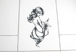 A simple tile floor. On top of the tile A curled figure with a lily next to her tattoo idea
