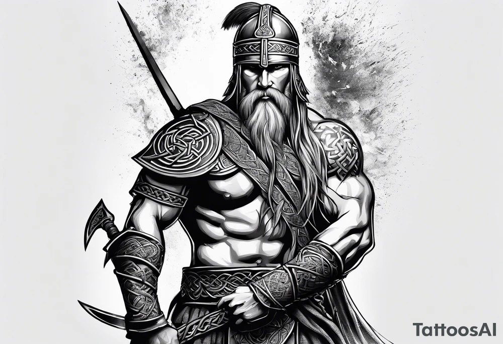Side full body shot of Celtic warrior with weapon drawn. tattoo idea