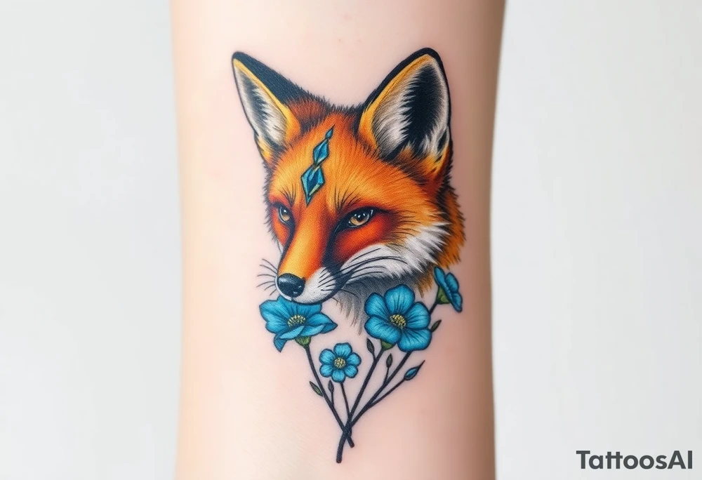 adult fox with blue jewelry smelling wild flowers tattoo idea