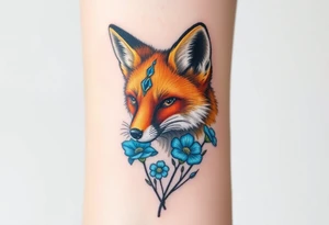 adult fox with blue jewelry smelling wild flowers tattoo idea